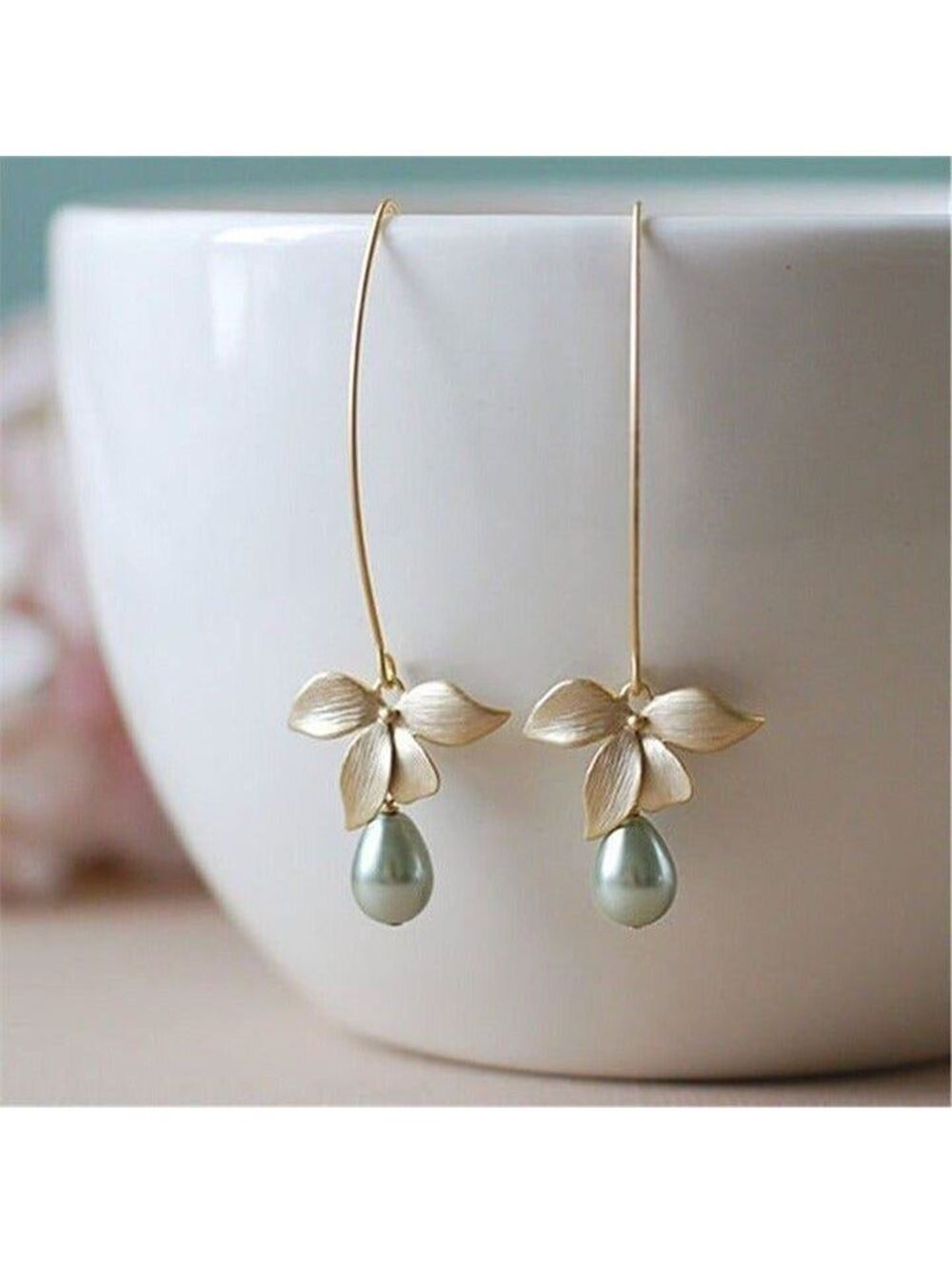 Gold Orchid Flower Pale Mint Green Shell Pearl Earrings